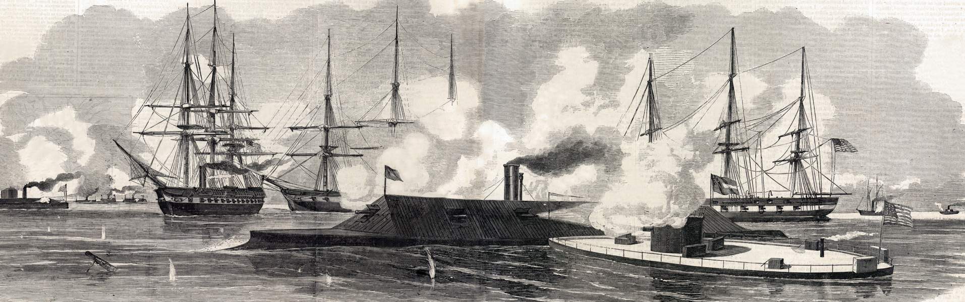 U.S.S. Monitor and C.S.S. Virginia in action off Newport News, March 9, 1862, artist's impression, zoomable image