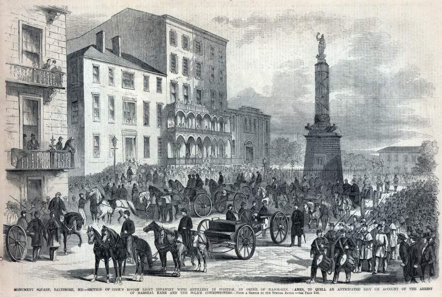 Monument Square, Baltimore, Maryland, June 1861, after the arrest of Marshal of Police Kane, artist's impression, zoomable image