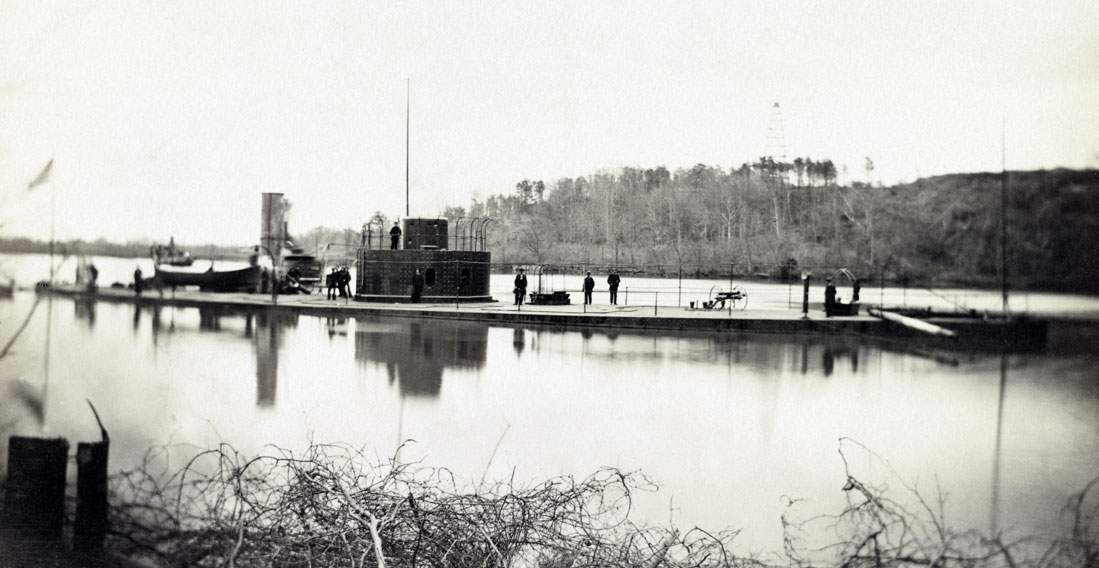 The U.S.S. Lehigh, moored in the James River, Virginia, circa 1864