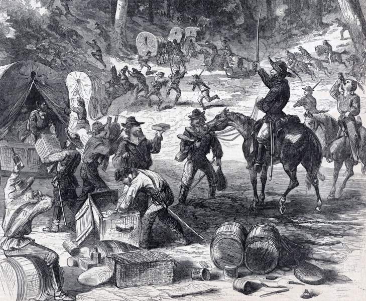 Mosby's Confederate Cavalry ransacking captured Union supply wagons, Virginia, summer 1865, artist's impression, detail