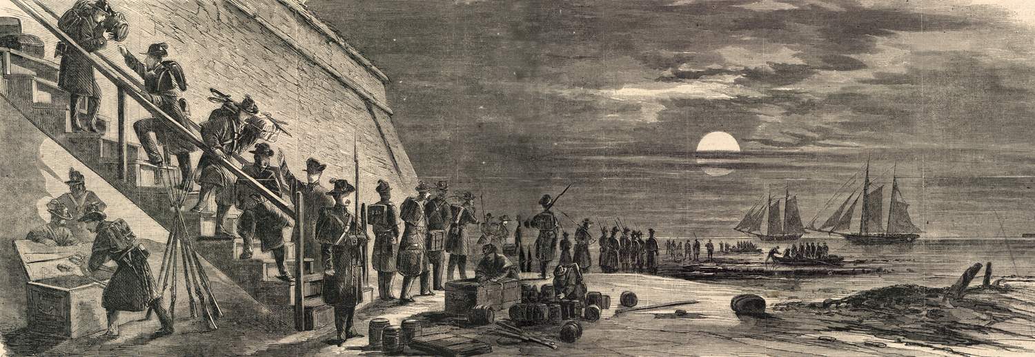 U.S. troops leave Fort Moultrie for Fort Sumter, December 25-26, 1860, artist's impression, zoomable image