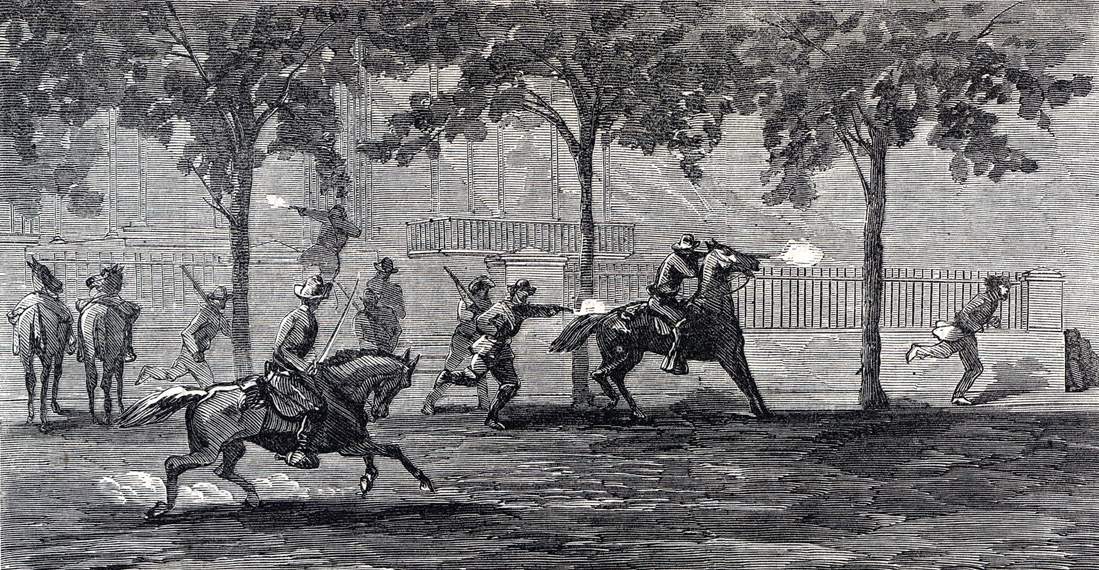 Confederate raiders attempt the capture of Union generals, Memphis, Tennessee, August 21, 1864, artist's impression
