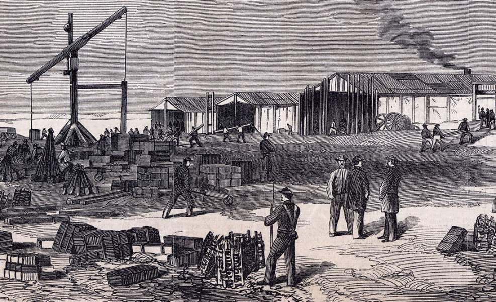 Union Army Engineering Depot, Morris Island, Charleston Harbor, August, 1863, artist's impression, detail