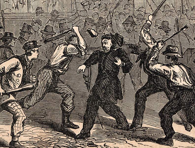 Rioters murder Colonel H. F. O'Brien in the street, New York City, July 14, 1863, artist's impression, detail