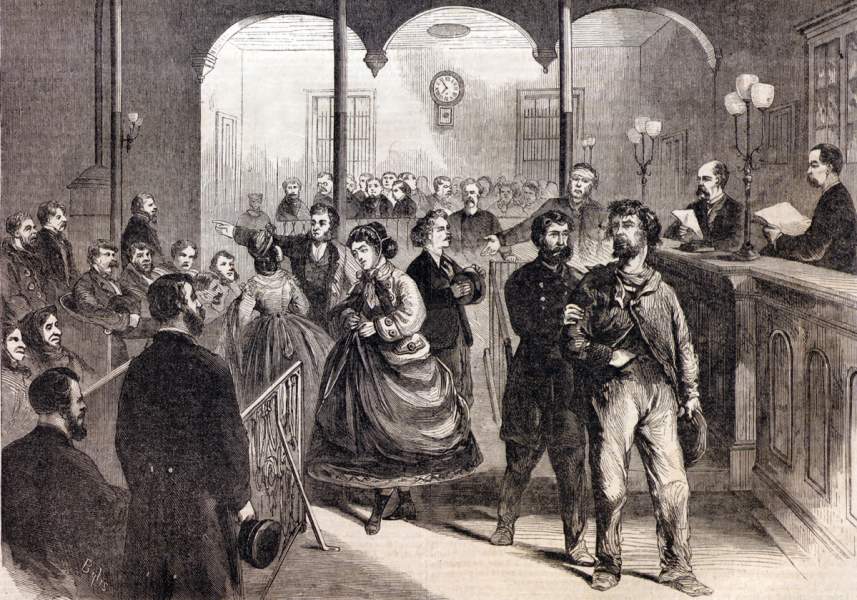 Tombs Police Court, New York City, early morning, 1866, artist's impression