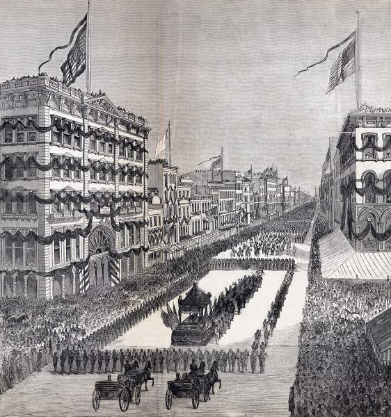 President Lincoln's Funeral Procession on Broadway, New York City, April 25, 1865, artist's impression, more detail.