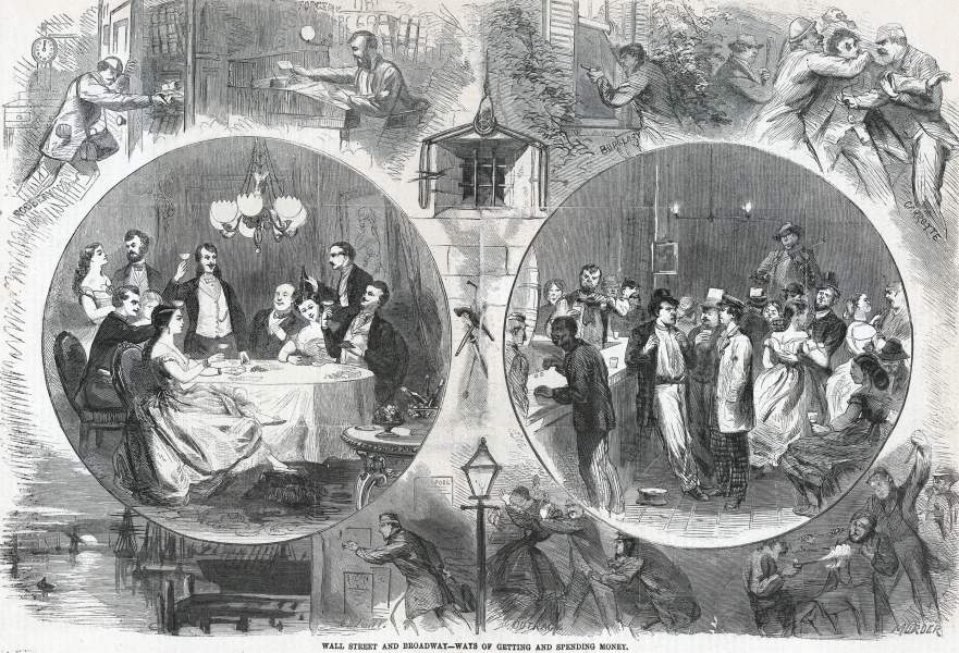 "Wall Street and Broadway - Ways of Getting and Spending Money," Harper's Weekly Magazine, September 1865, zoomable image