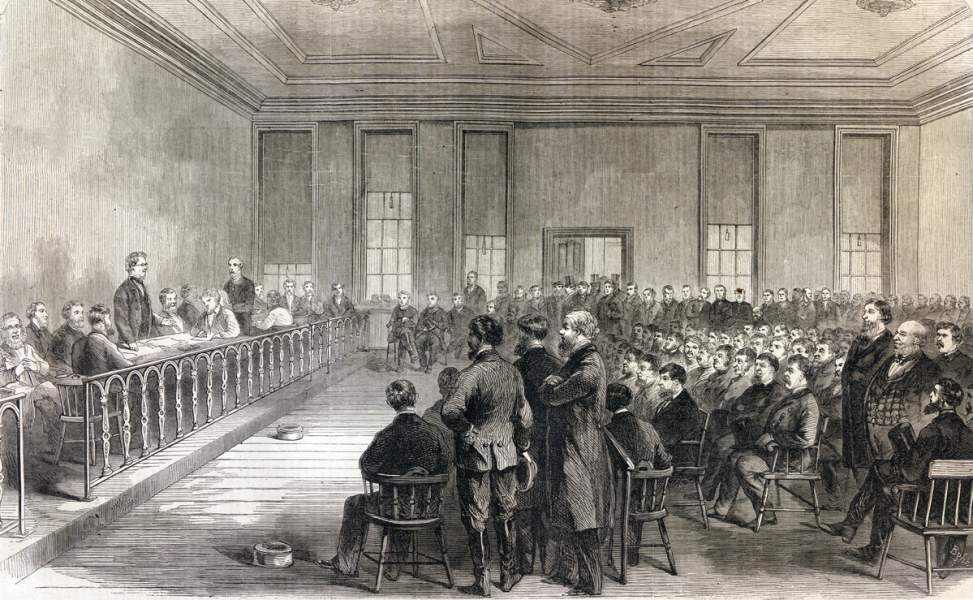 New York City's butchers meet the city's Board of Health, March 12, 1866, artist's impression