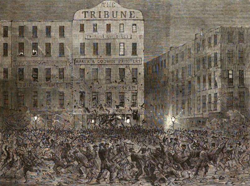 Draft Rioters attack the offices of the New York Tribune, New York City, July 13, 1863, artist's impression