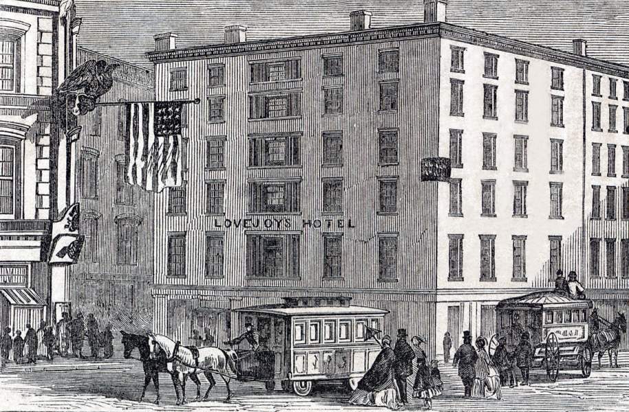 Lovejoy's Hotel, New York City, November 25, 1864, artist's impression