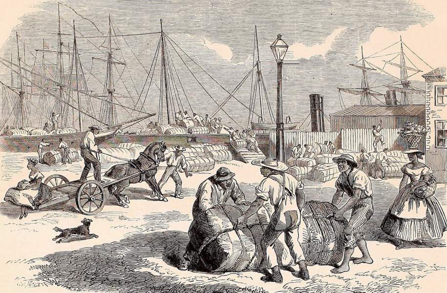 Unloading Confederate cotton at Nassau, British West Indies, Spring 1864, British artist's impression, zoomable image