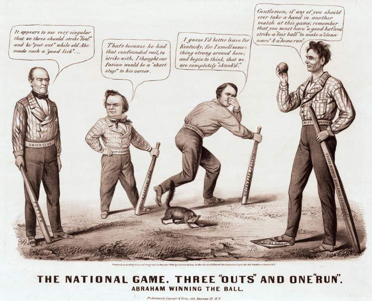 "The National Game. Three 'Outs' and One 'Run,' " 1860, political cartoon