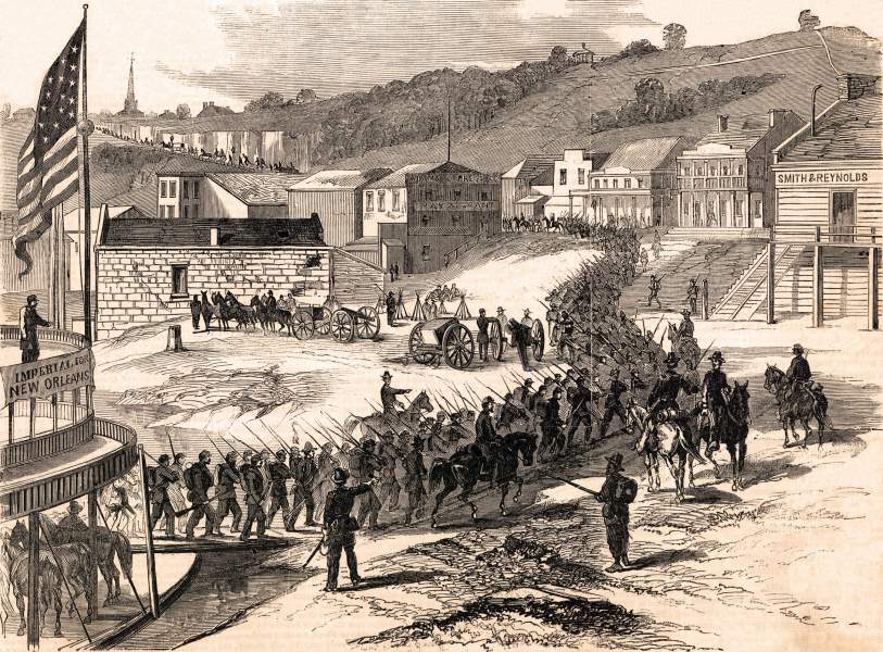 Union troops land and occupy Natchez, Mississippi, July 13, 1863, artist's impression, zoomable image