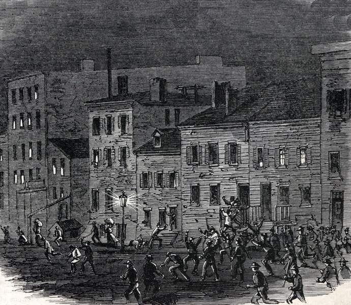Rioters attack African-American homes, New York City, July 1863, artist's impression