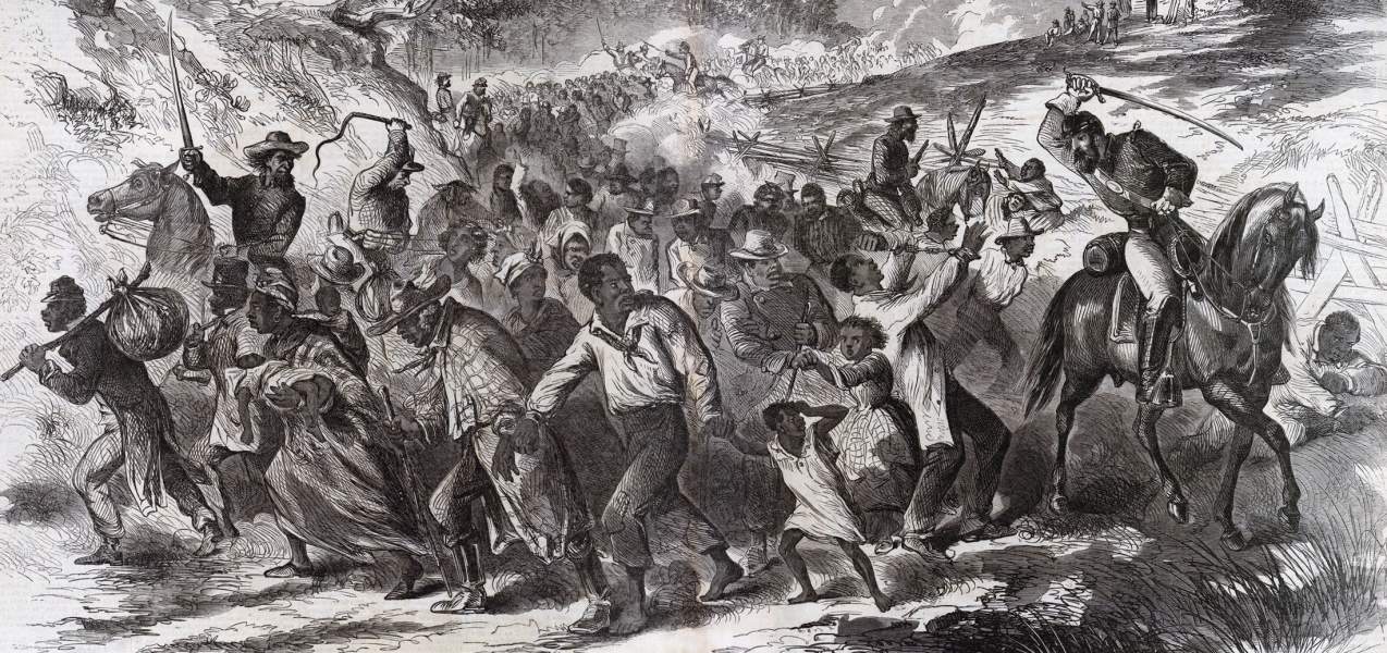 Captured African-Americans Being Driven South, artist's impression, November 1862, detail, zoomable image