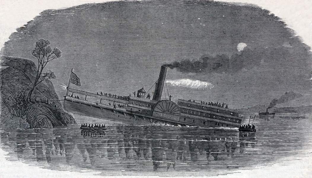 Sinking of the steamship Nevada in the Sacramento River, California, February 7, 1862, artist's impression