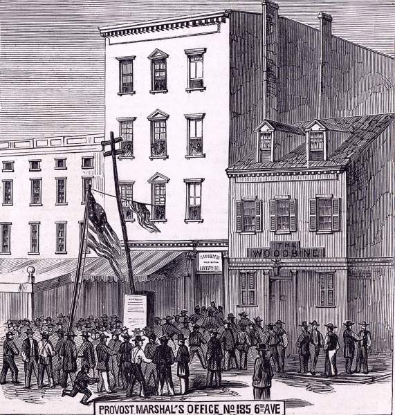 Provost Marshal's Office, Sixth Avenue, New York City, August 19, 1863, artist's impression, zoomable image