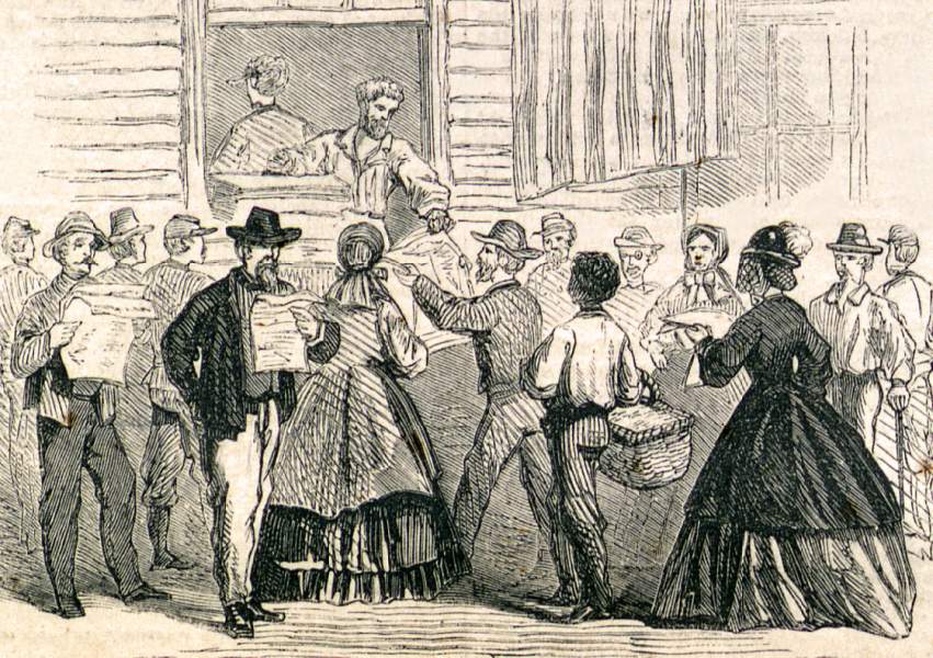 The Christian Commission distributing newspapers in the South, December 1865, artist's impression