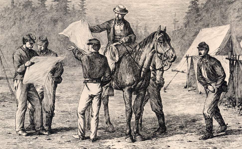 "Newspapers in Camp," Edwin Forbes, copper plate etching, 1876, detail