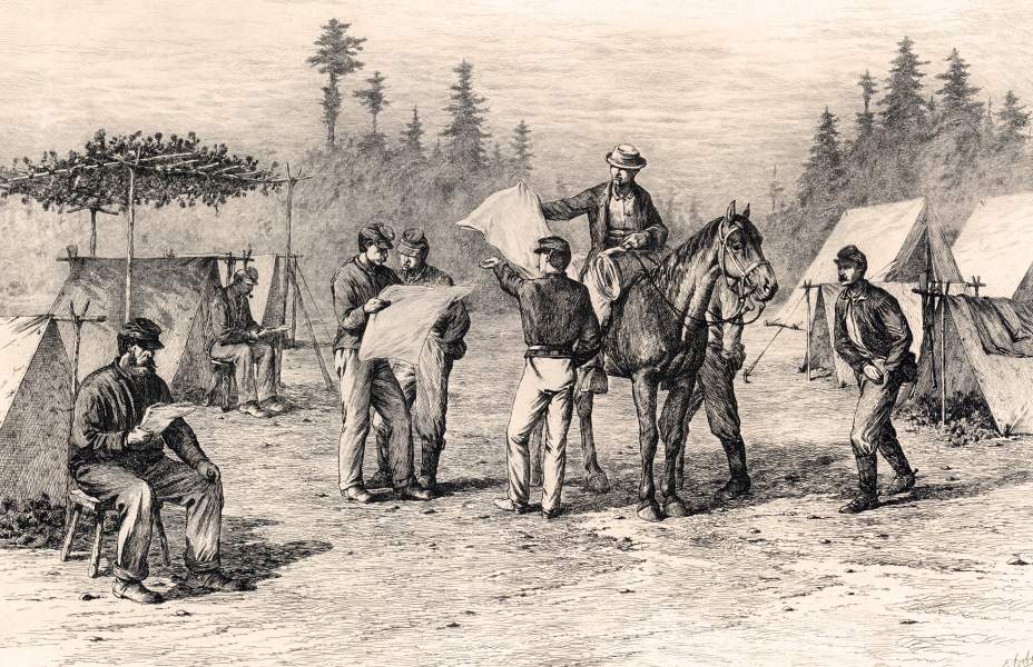 "Newspapers in Camp," Edwin Forbes, copper plate etching, 1876, zoomable image