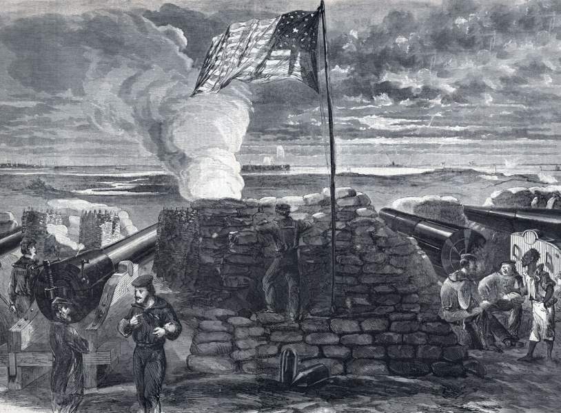 "Morning Call:" Union naval battery in action against Charleston, South Carolina, August 1863, artist's impression, detail