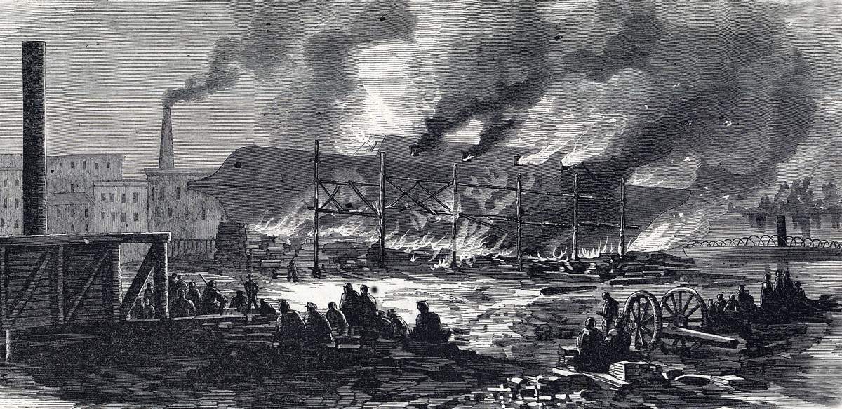 Pre-evacuation burning of the Confederate Naval Yard, Savannah, Georgia, December 21, 1864, artist's impression