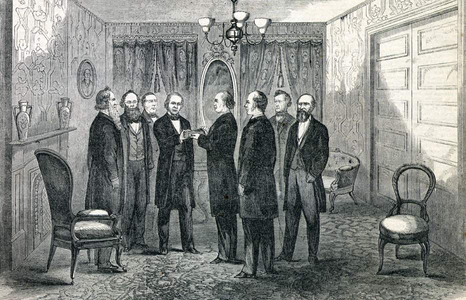 Andrew Johnson taking the Oath of Office as President, Kirkwood House, April 15, 1865, artist's impression