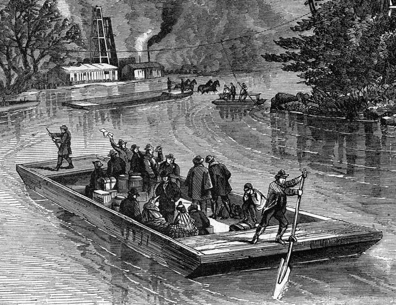 Transport on Oil Creek, Crawford County, Pennsylvania, December 1864, artist's impression, detail