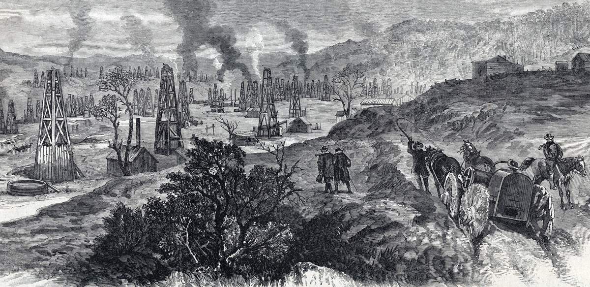 The Pennsylvania Oilfields, Crawford County, Pennsylvania, December 1864, artist's impression, detail