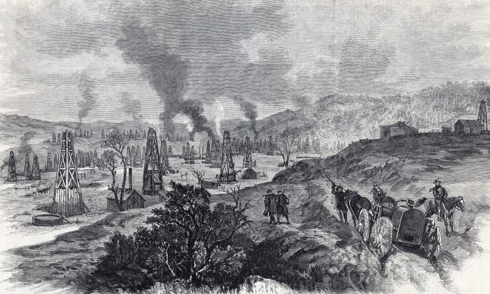The Pennsylvania Oilfields, Crawford County, Pennsylvania, December 1864, artist's impression, zoomable image