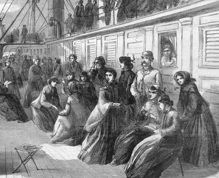 Female emigrants for Washington Territory aboard steamer "Continental," December 1865, artist's impression