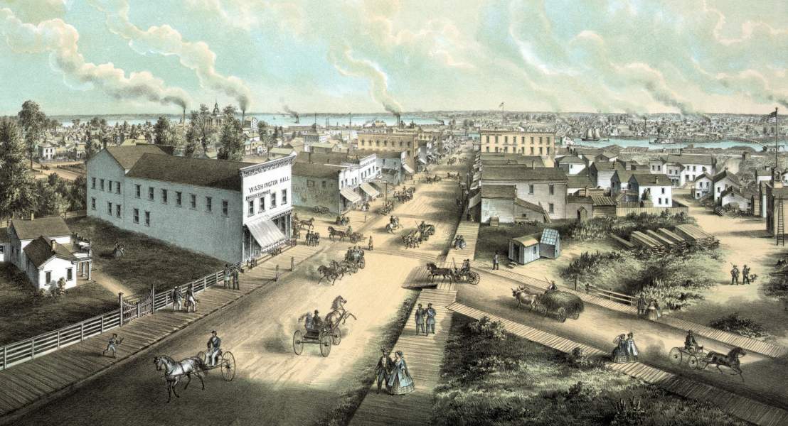 Oshkosh, Wisconsin, circa 1860, bird's-eye view, detail, zoomable image