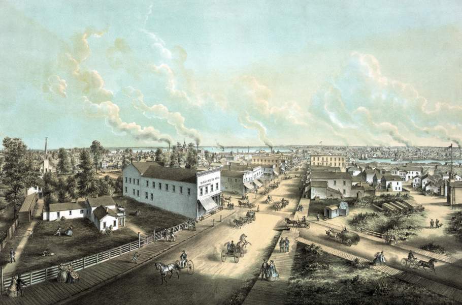 Oshkosh, Wisconsin, circa 1860, bird's-eye view, zoomable image