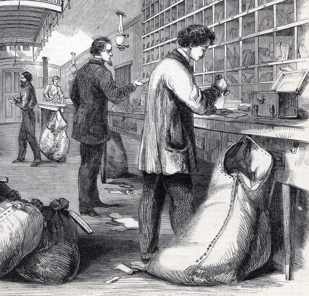 Sorting the mail on the move, U.S. Post Office railroad car, September 1864, artist's impression, detail