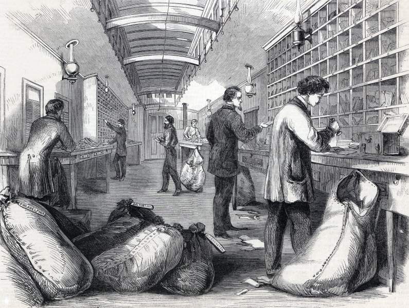 Sorting the mail on the move, U.S. Post Office railroad car, September 1864, artist's impression, zoomable image