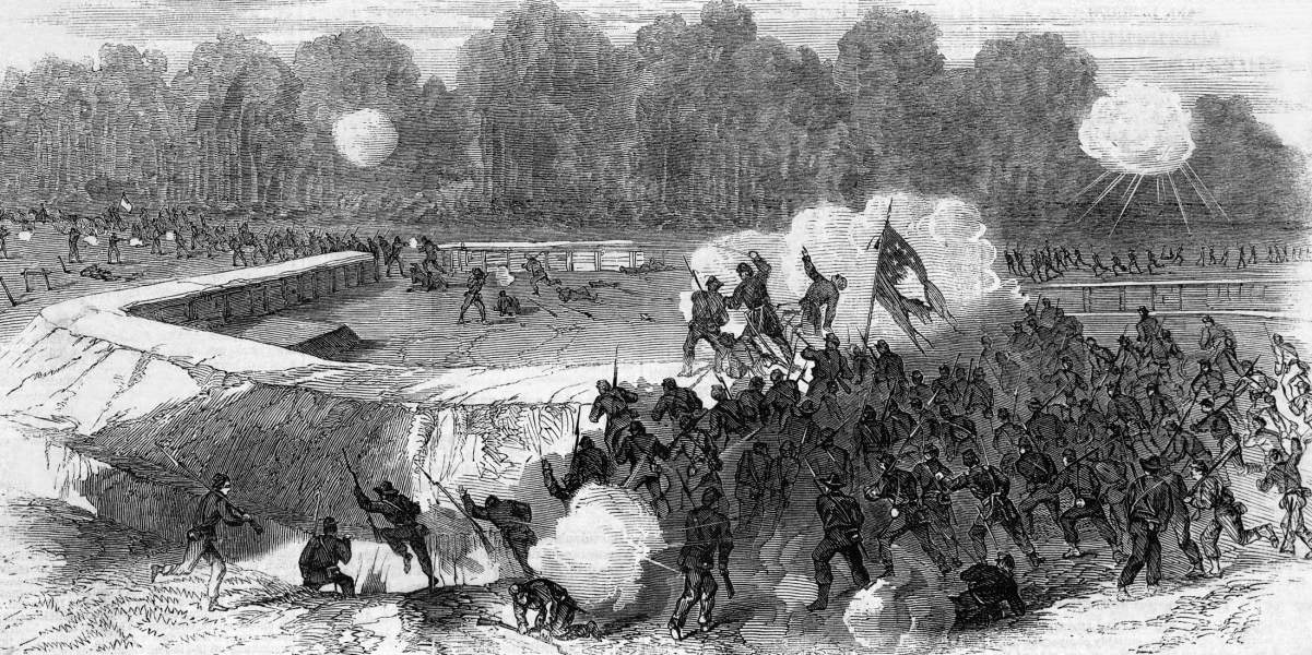 Storming a Confederate strongpoint, Battle of Poplar Spring Church, September 30, 1864, artist's impression, zoomable image