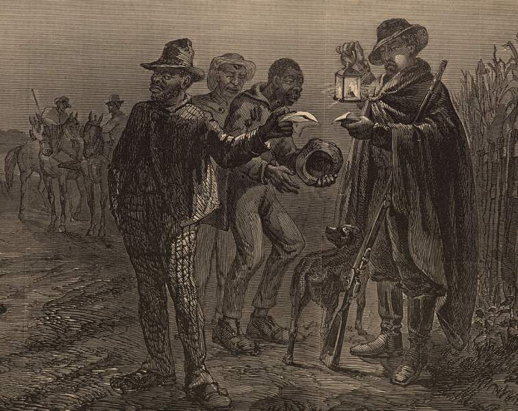 Plantation Police near New Orleans, Louisiana checking passes, June 1863, artist's impression, detail
