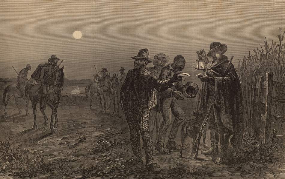 Plantation Police near New Orleans, Louisiana checking passes, June 1863, artist's impression, zoomable image