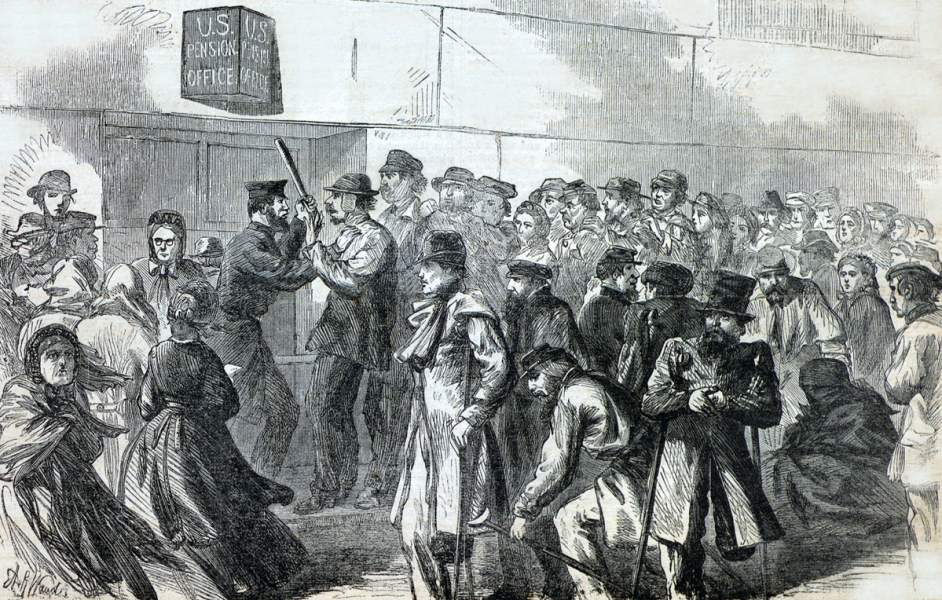 Scene outside the United States Pensions Office, New York City Customs House, March 1866, artist's impression