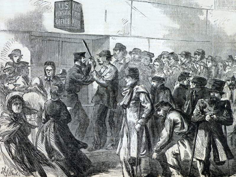 Scene outside the United States Pensions Office, New York City Customs House, March 1866, artist's impression, detail