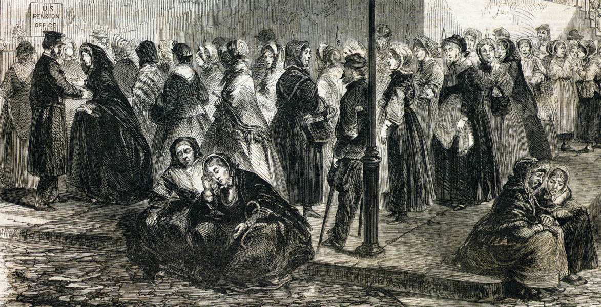 Waiting Lines at the United States Pension Office, New York City, April 1866, artist's impression, zoomable image,detail