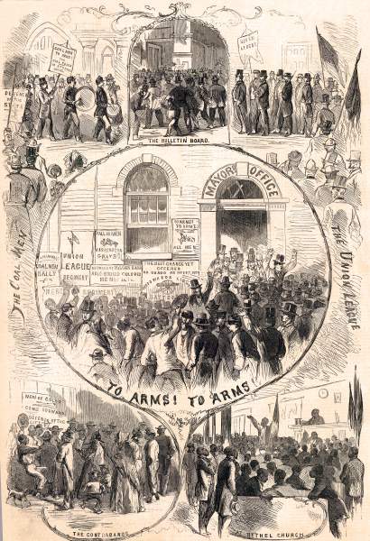 Scenes in Philadelphia, Pennsylvania, on news of Lee's Invasion, mid-June 1863, artist's impression, zoomable image