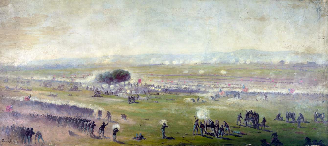 Pickett's Charge viewed from the Confederate lines, July 3, 1863, artist's impression by Edwin Forbes, zoomable image 