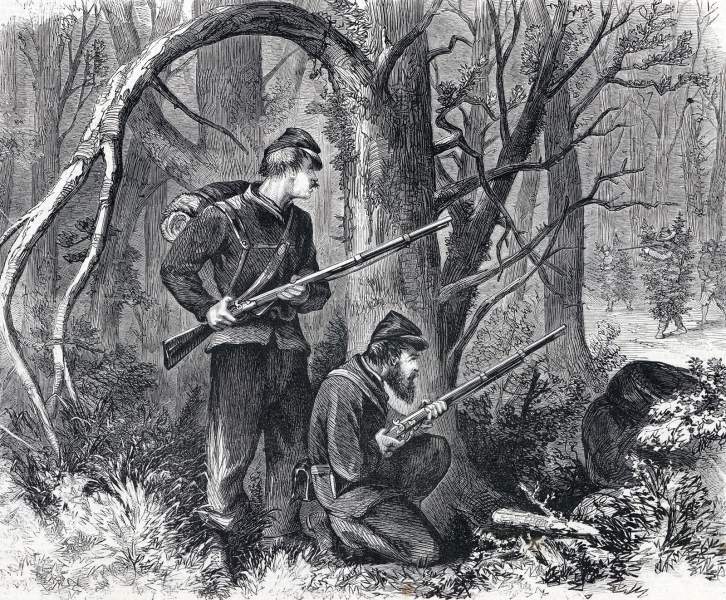 Contact between Union and Confederate pickets near Chattanooga, Tennessee, November, 1863, artist's impression, zoomable image