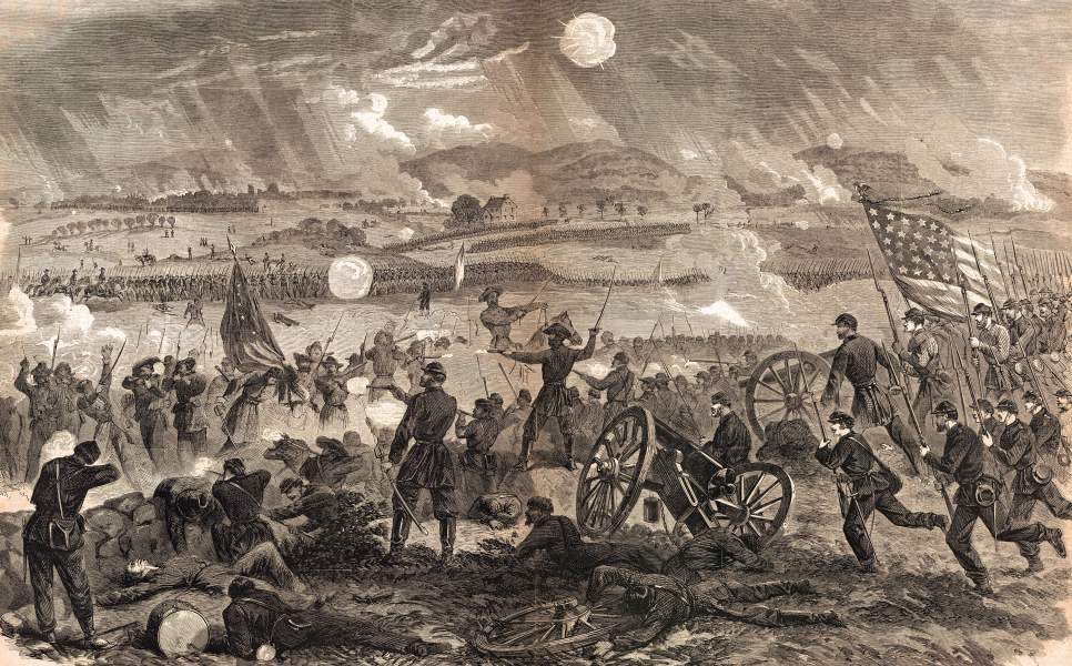 Longstreet's Attack on the Federal center, Battle of Gettysburg, July 3, 1863, artist's impression, zoomable image