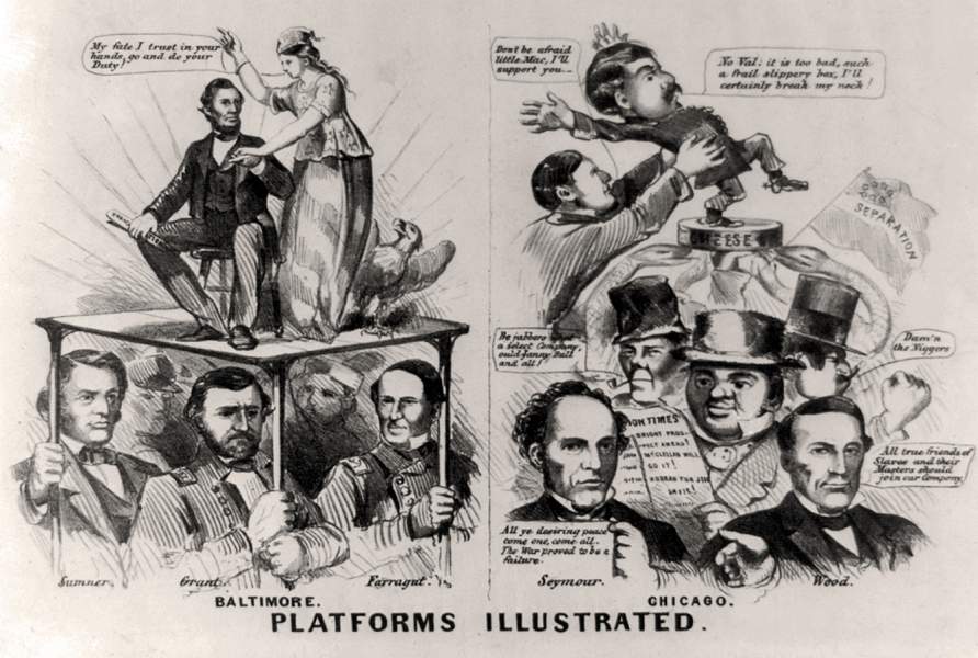 "Platforms Illustrated," Election of 1864, cartoon, zoomable image