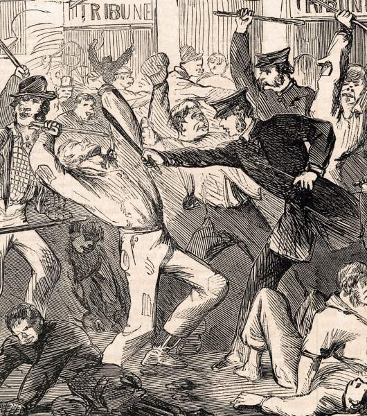 New York Police charge Draft Rioters in front of the Tribune newspaper's offices, July 1863, artist's impression, detai