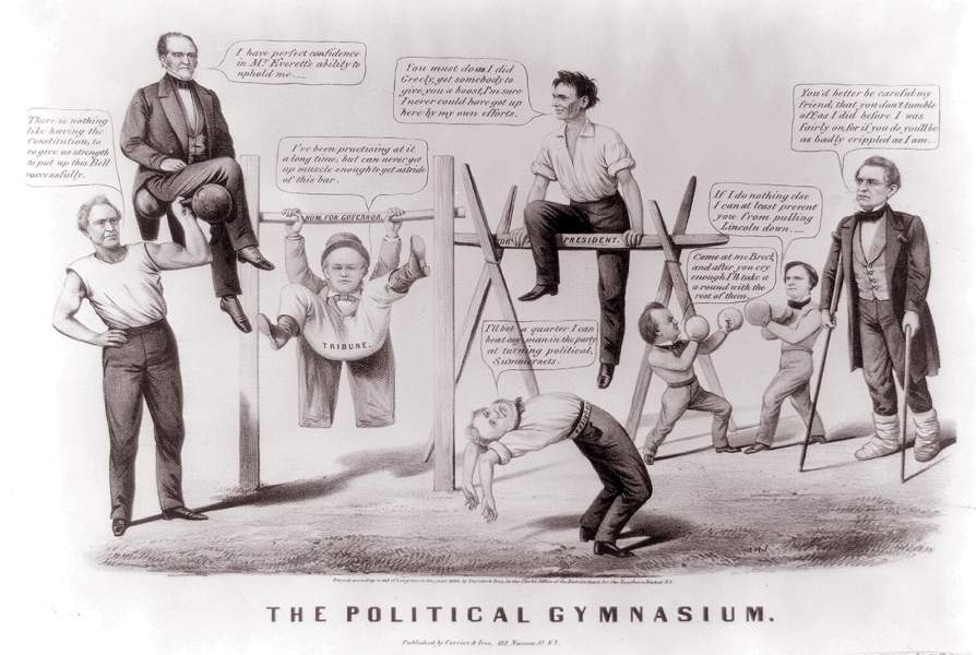"The Political Gymnasium," cartoon, 1860, zoomable image