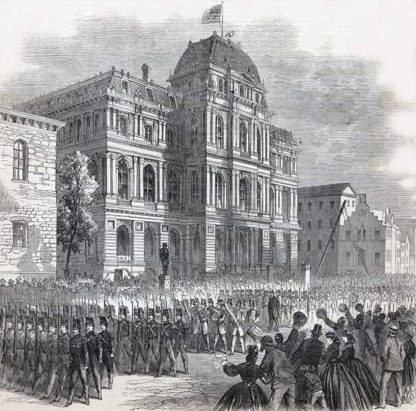 New York's 71st National Guard Regiment parades in Boston, Massachusetts, August 16, 1865, artist's impression