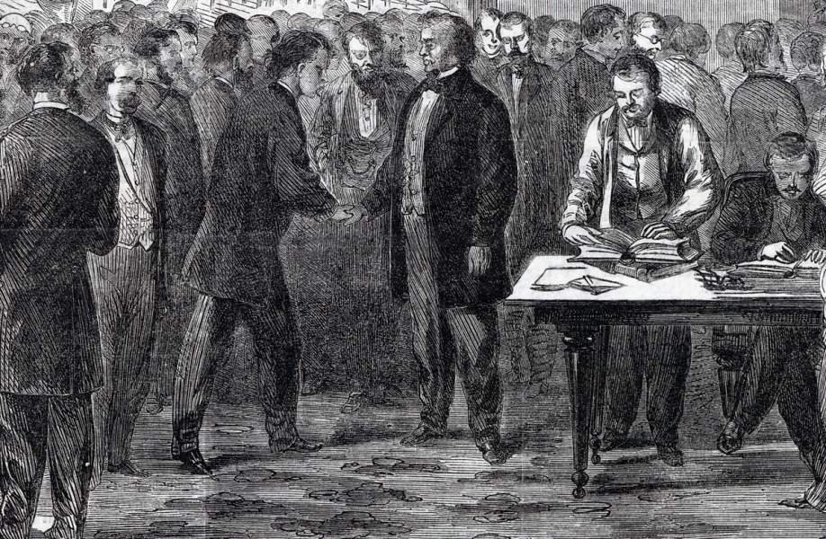 President Andrew Johnson issuing pardons to former Confederates at the White House, October 1865, artist's impression, detail